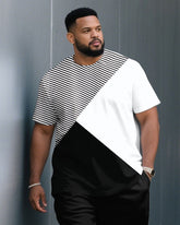 Men's Plus Size Stripe Patchwork White & Black Round Neck Short Sleeve T-Shirt Shorts Suit